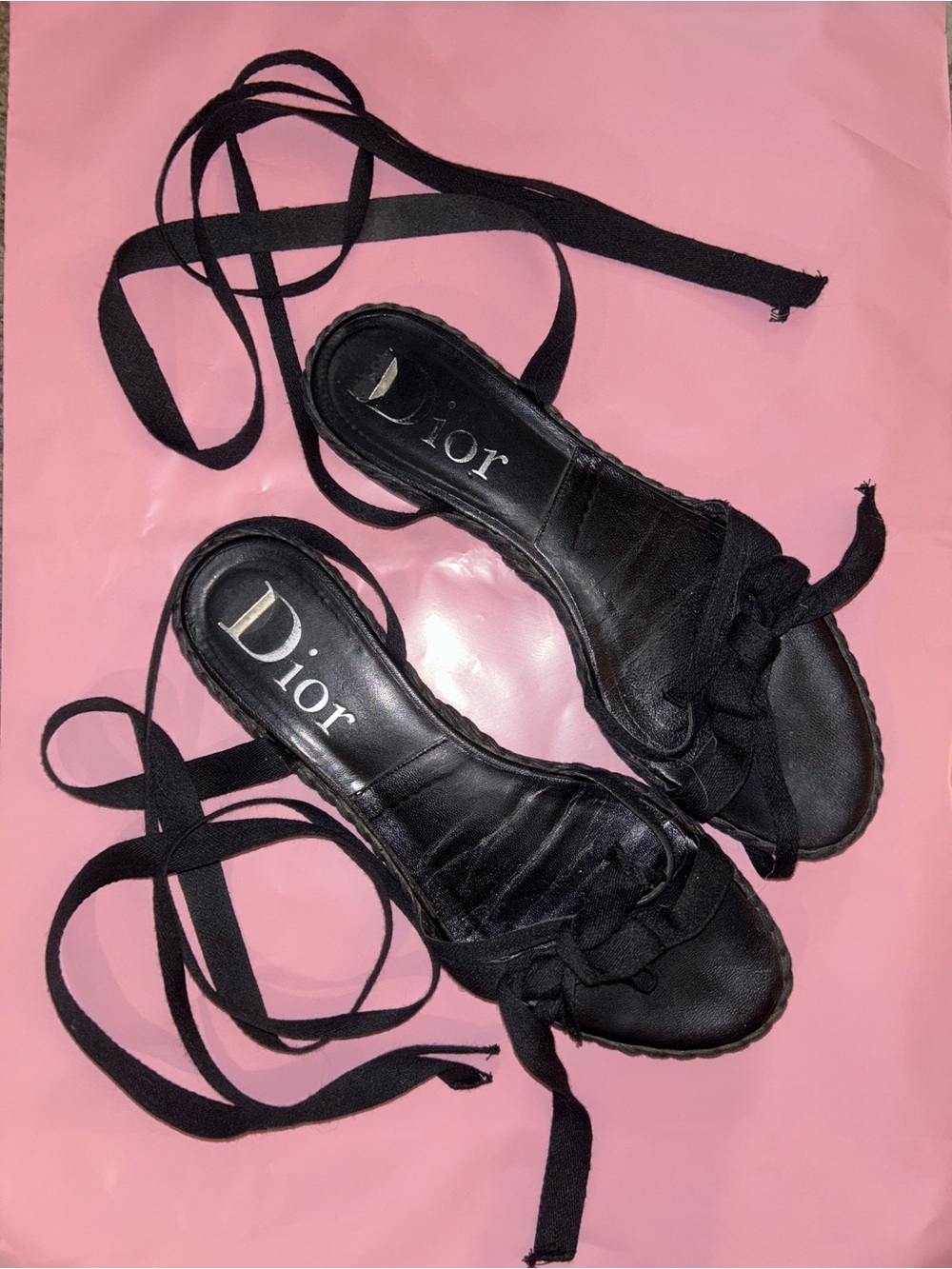 Dior Black Leather Lace-Up Sandal Flats with Lace Up Ankle Ties